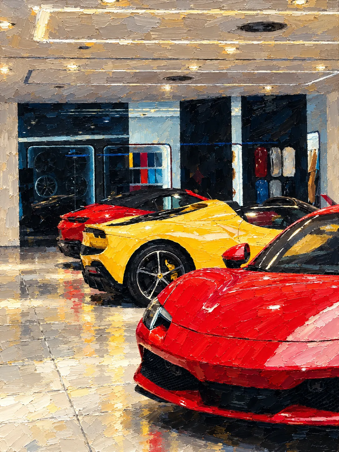 Painting of a car dealership showroom: red and yellow sports cars on a polished floor under warm ceiling lights.