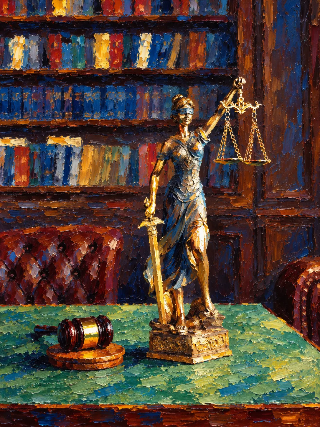 Painting of a law office: a gilded Lady Justice statue and a gavel on a green desk in front of shelves of books.