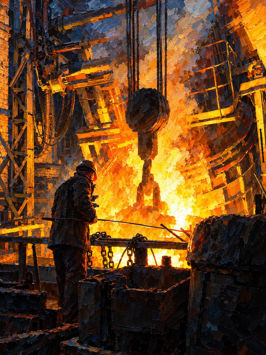 Painting of a foundry: a worker in a hard hat watches molten metal pour from a furnace.