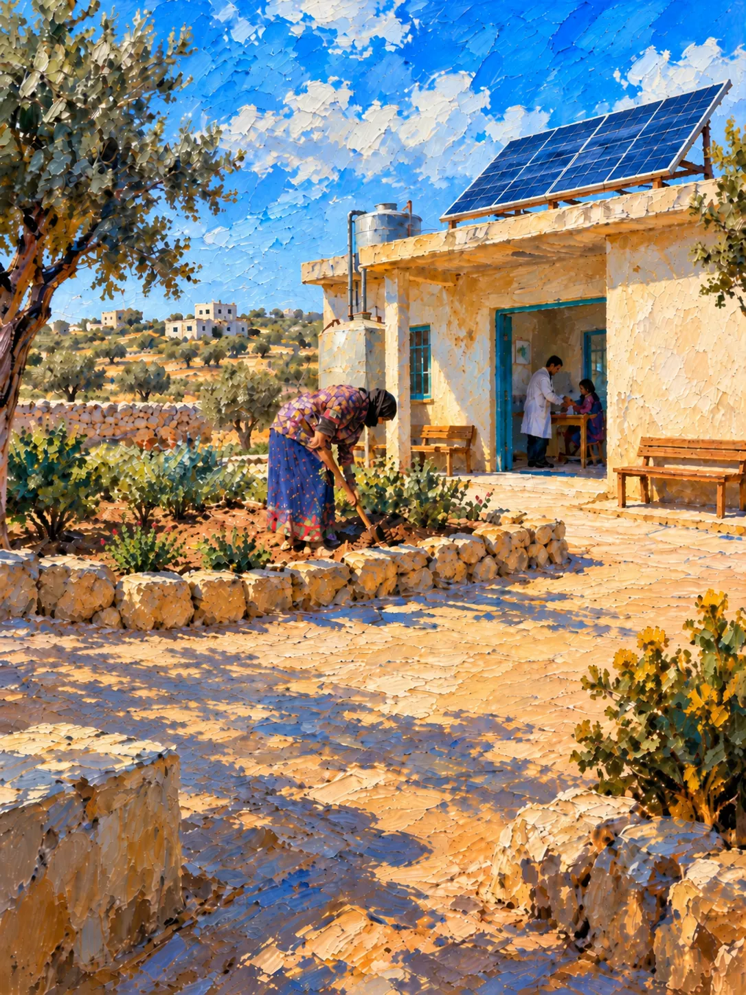 Painting of a rural clinic: a woman tends a garden outside a stone building with solar panels while a doctor sees a child inside.